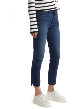 美单薄款高弹力高腰修身显瘦蓝色·剪边直筒九分开叉牛仔裤