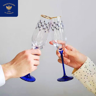 lomonosov俄皇钴蓝网纹香槟杯婚礼婚庆描金红酒高脚对杯礼盒礼物