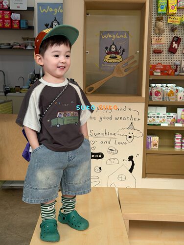 小南瓜KIDS韩国童装2026夏款男童卡通小汽车T恤韩系休闲牛仔短裤