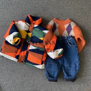 韩国童装2023秋冬新品拼色羽绒服菱格毛衣套头针织衫牛仔裤加绒
