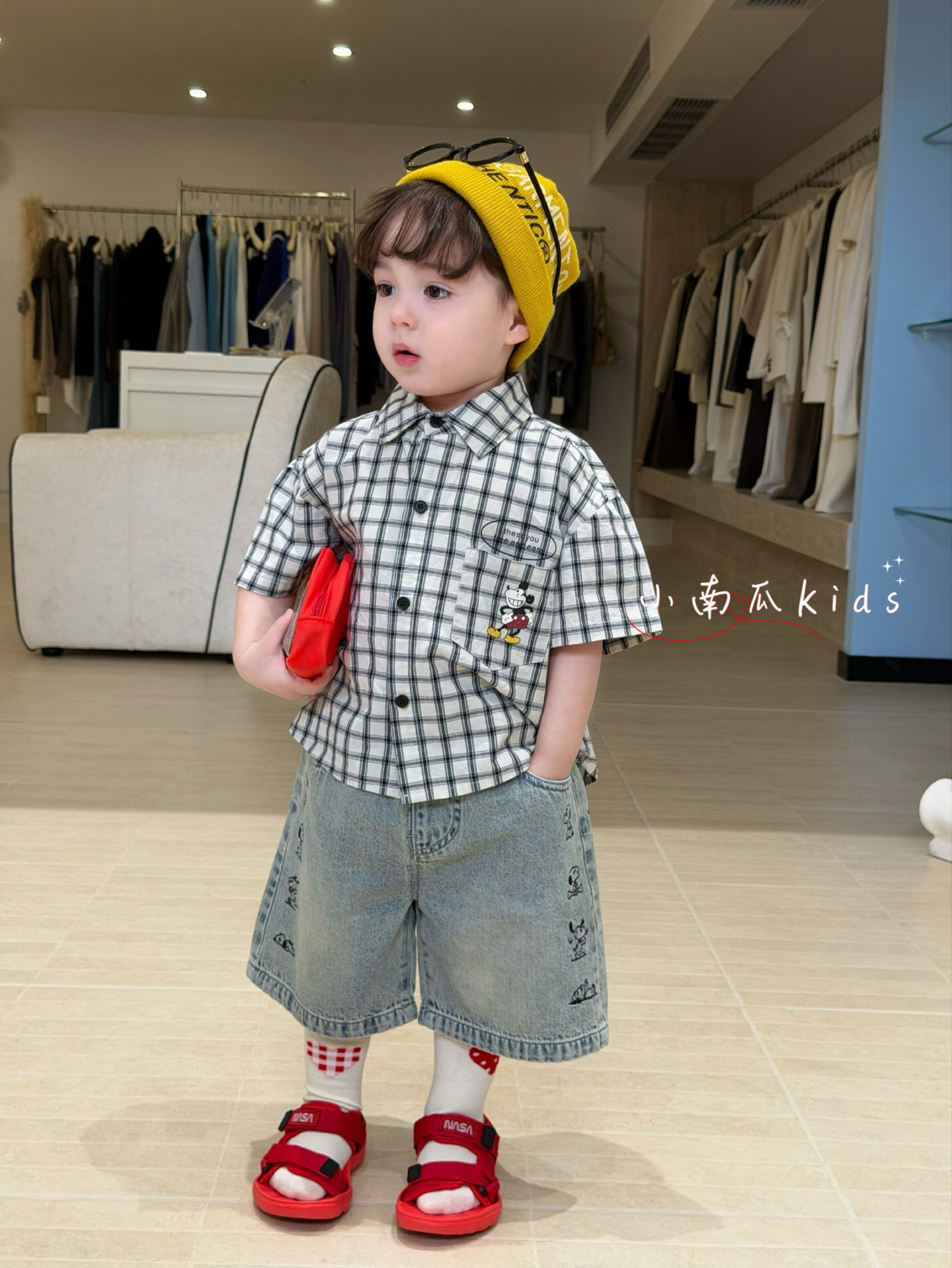 小南瓜kids 2026夏季新款儿童韩版印花格子衬衫短袖男童牛仔短裤