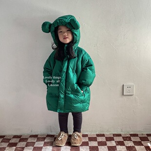 小南瓜KIDS 韩国童装时尚可爱小熊帽羽绒服中长款保暖外套2023冬