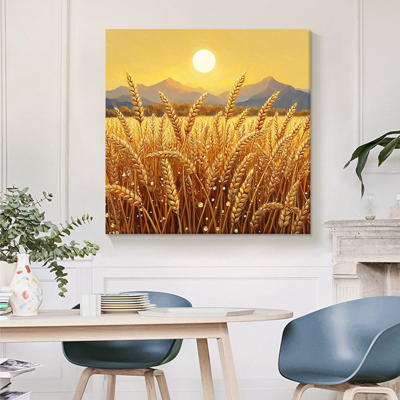 金黄色丰收稻穗手绘油画日出麦田风景装饰画无框方形客厅玄关挂画