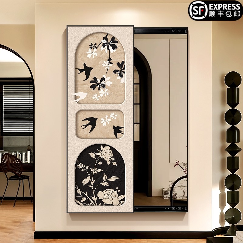 中古风穿衣镜壁画法式复古隐形式全身推拉镜2024新款遮挡镜子挂画