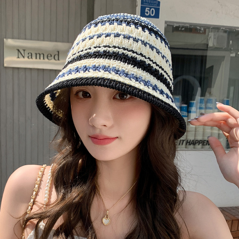 女款春秋季新款针织拼色水桶帽