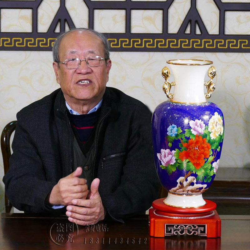 戴嘉林镶玉景泰蓝花瓶15寸《辉煌国韵富贵平安》铜胎掐丝珐琅摆件