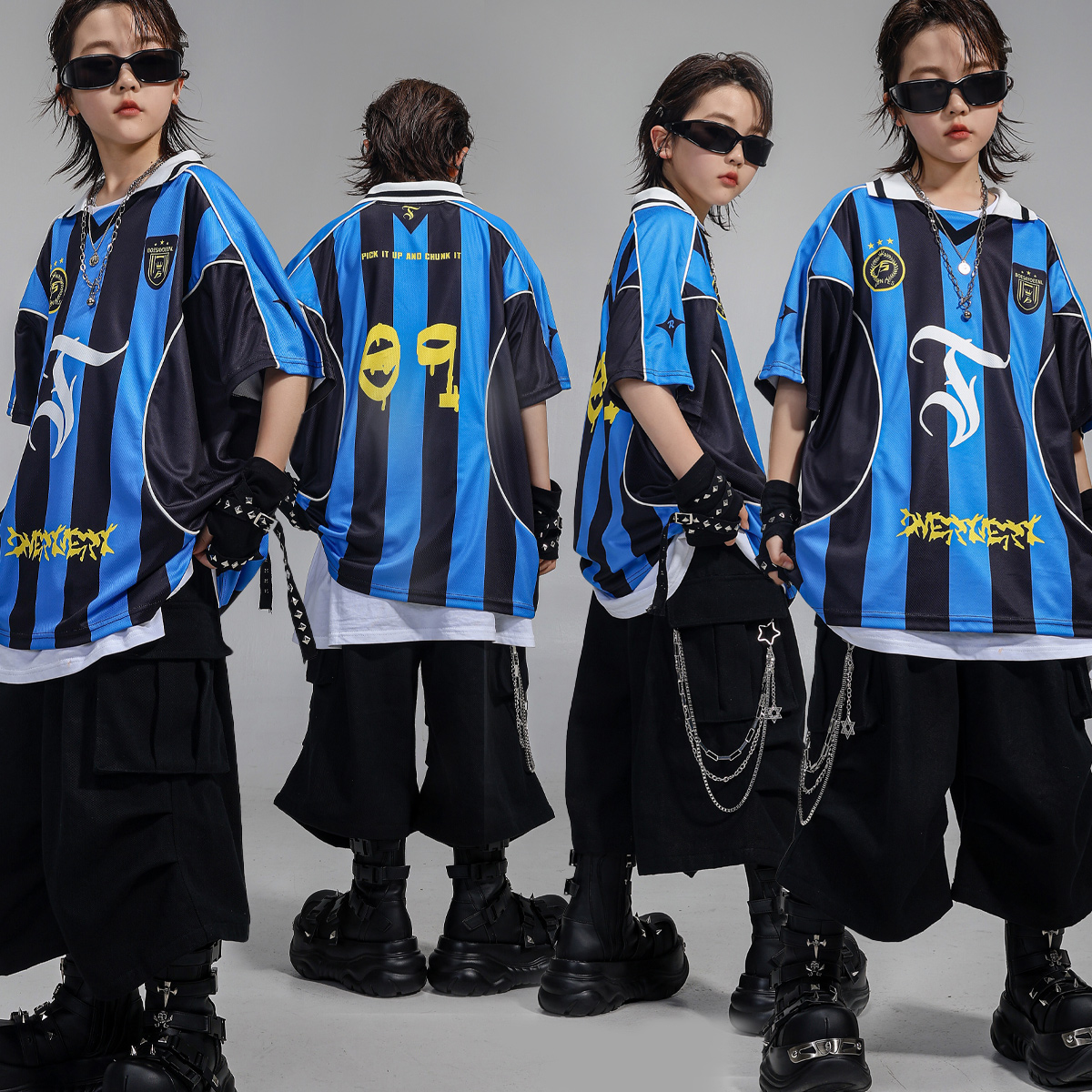 美式复古条纹儿童街舞潮服