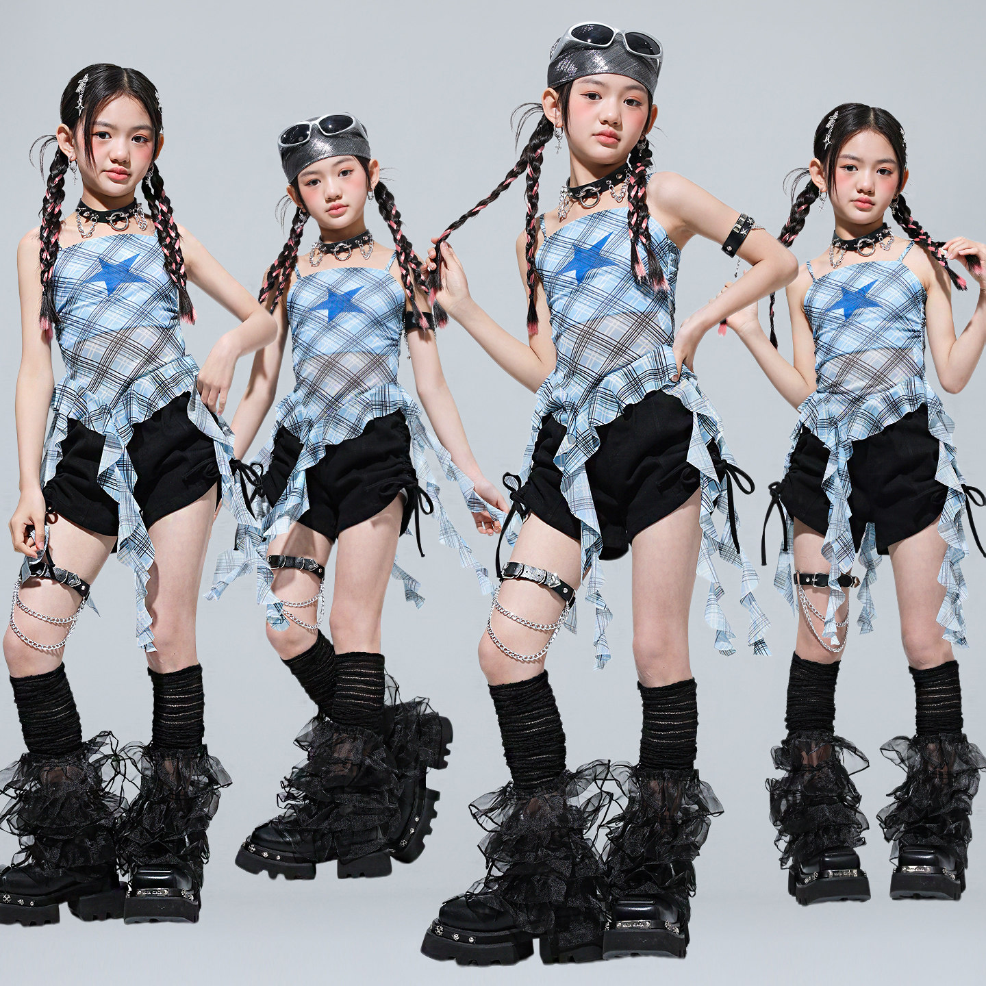 女童爵士舞蓝色格子吊带走秀演出服套装嘻哈街舞少儿JAZZ表演潮服