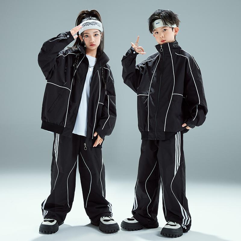 街舞少儿潮服演出服男女童黑色运动滑板套装hiphop嘻哈团体表演服