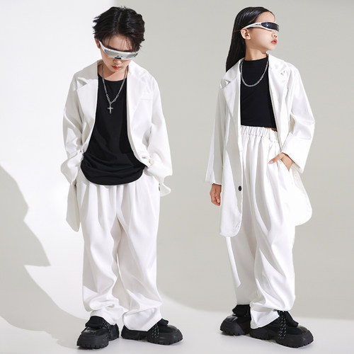 儿童街舞白西装套装演出服嘻哈男童装hiphop表演服女童摄影服套装