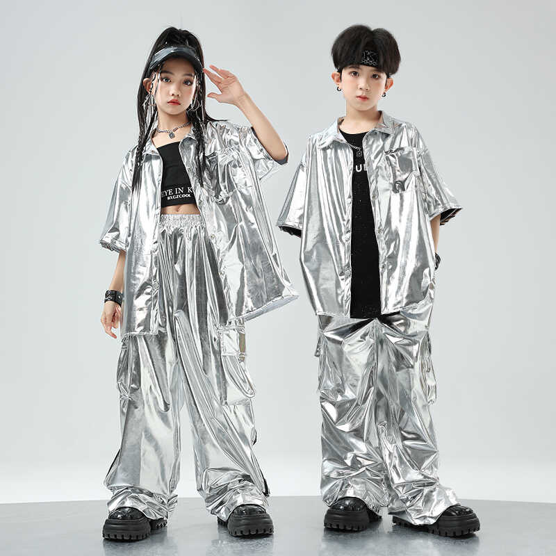 儿童街舞银色科技感演出服套装男女童嘻哈hiphop爵士舞走秀表演服