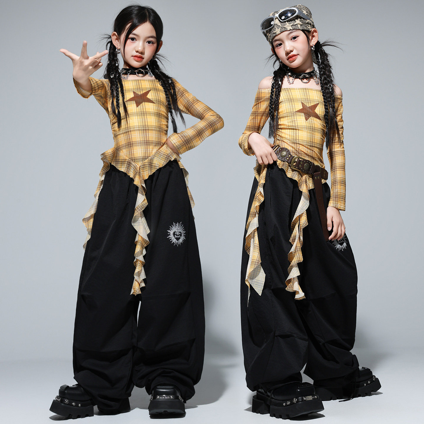 甜酷风女童爵士舞格子飘带演出服