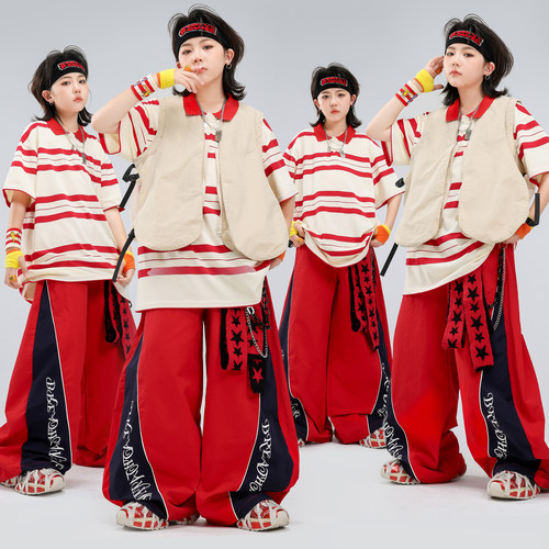 男童hiphop条纹T恤工装风表演服