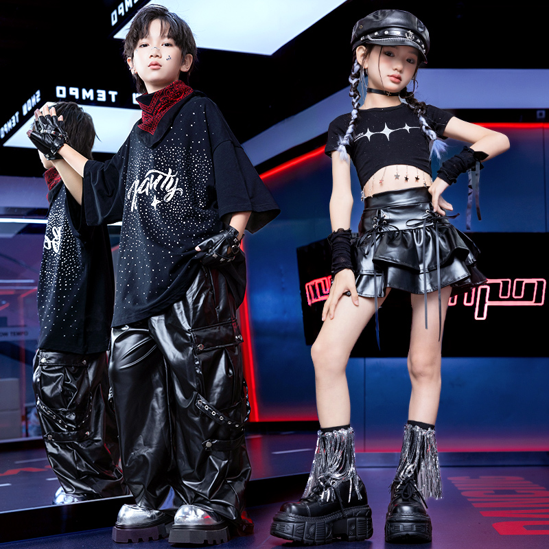 嘻哈少儿摇滚风皮裤皮裙表演服