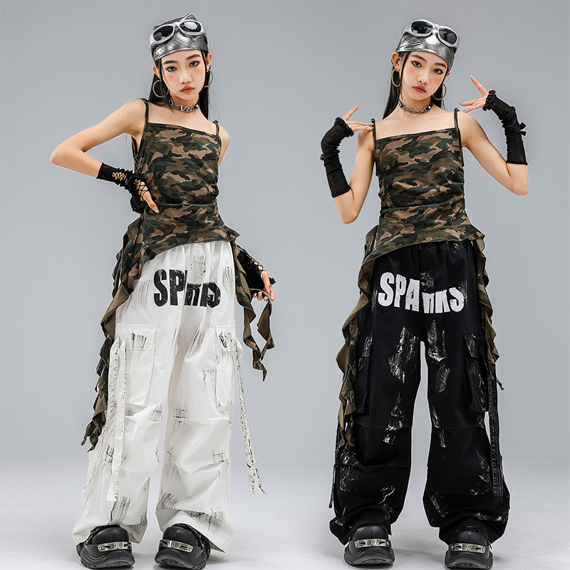 儿童街舞迷彩吊带女童舞蹈练功服