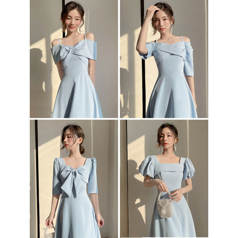 蓝色缎面连衣裙伴娘服高