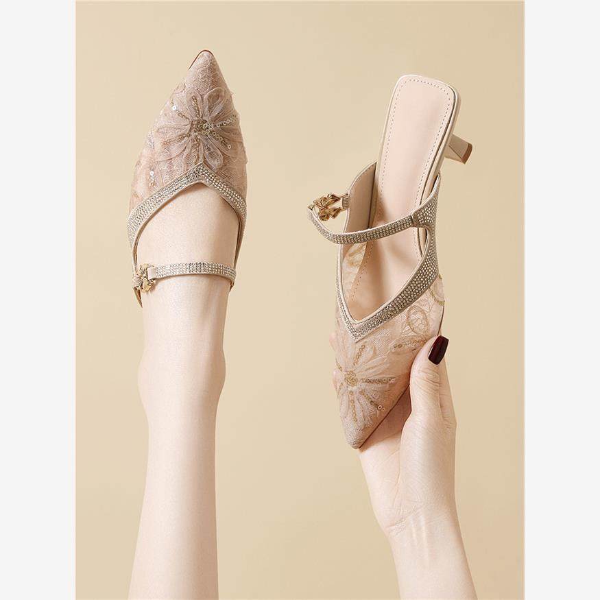 包头女士半拖鞋2025新款外穿夏装裙网带高跟鞋细高跟鞋凉鞋