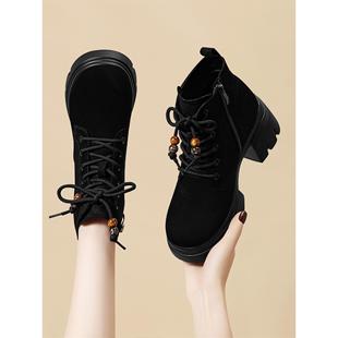 马丁靴女2025春秋新款棕色内增高工装靴子厚底爆款翻毛皮小众短靴