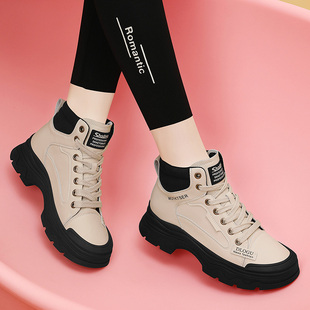 加绒高帮运动休闲鞋女款2025年新款秋冬季老爹厚底真皮小皮鞋加厚