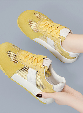 休闲运动透气网面夏季登山跑步华夫网鞋老爹板鞋黄色阿甘德训鞋女