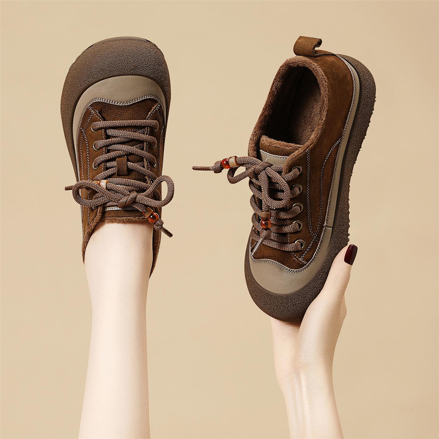 加绒单鞋女鞋真皮厚底保