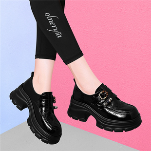 松糕厚底英伦风小皮鞋女2025新款秋冬季加绒真皮鞋子法式粗跟单鞋