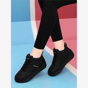 黑色运动鞋女款2025新款夏季加绒爆款百搭软底舒适休闲旅游真皮鞋