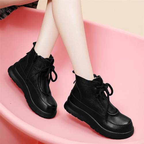 头层牛皮黑色厚底短靴202