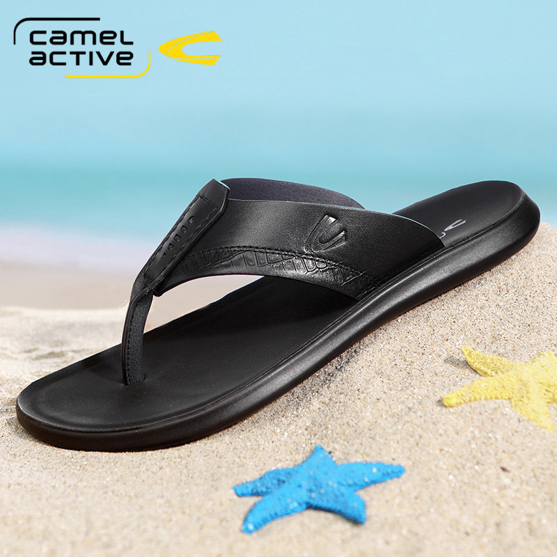 德国骆驼动感人字拖男夏季新款潮流真皮软底休闲沙滩鞋皮凉鞋拖鞋