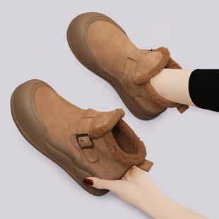 真皮软底皮鞋女款加绒加厚雪地靴2025冬季新款棉靴英伦风显瘦棉鞋