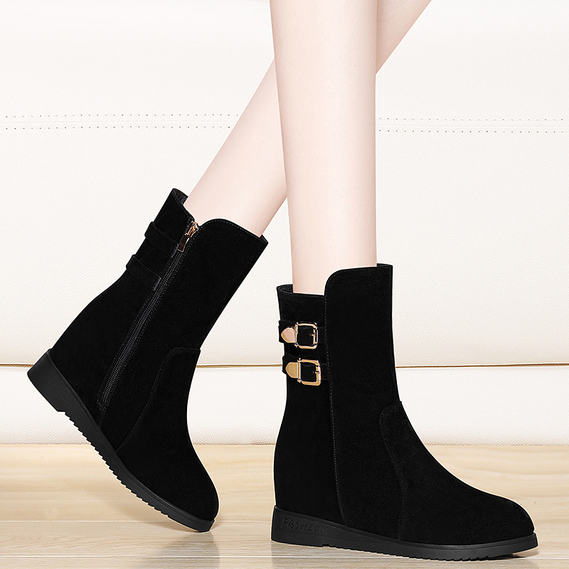 磨砂妈妈马丁靴女2025皮鞋冬季新款内增高小短靴女鞋棉鞋厚底加绒