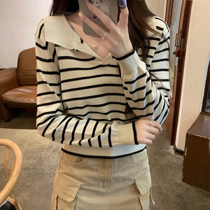 Polo衫女撞色条纹长袖t恤独特别致上衣打底衫秋款女装2023年新款