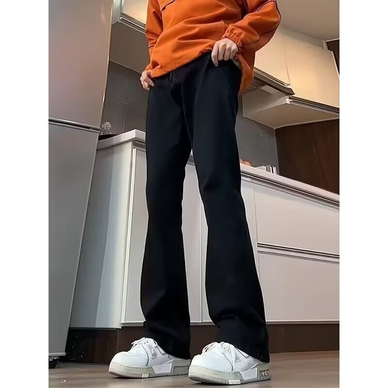 美式高街vibe风黑色弯刀牛仔裤男款秋冬修身微喇裤加绒高腰直筒裤