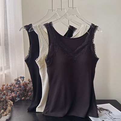 V领出口绵羊毛胸垫一体发热纯色