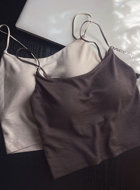 桑蚕丝Bra短款吊带自带胸垫细肩带一字领莫代尔棉打底外穿背心女