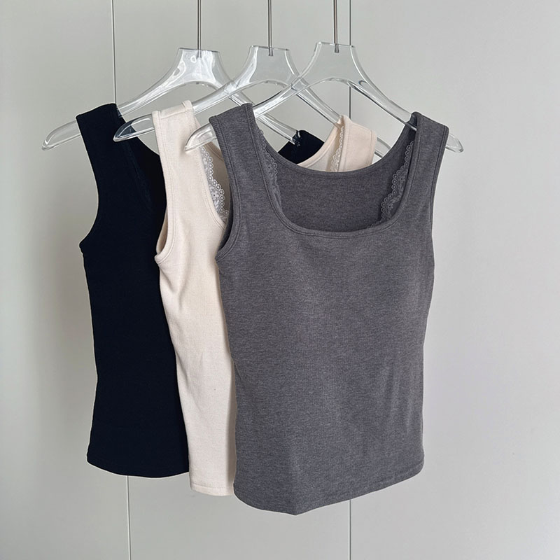 方领蕾丝带胸垫保暖背心打底衫