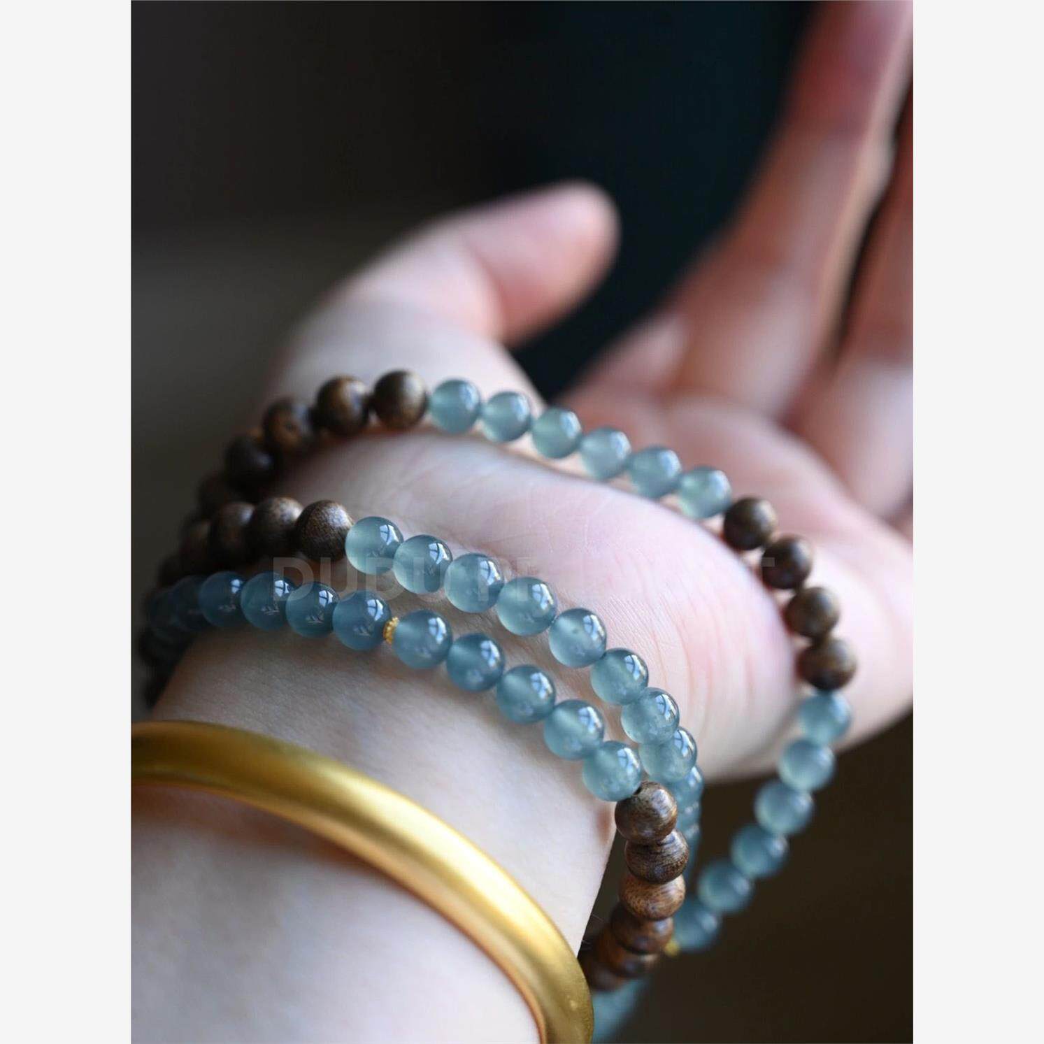 原创设计天然冰透危地马拉蓝水翡翠搭配印度沉水老料沉香手链文玩