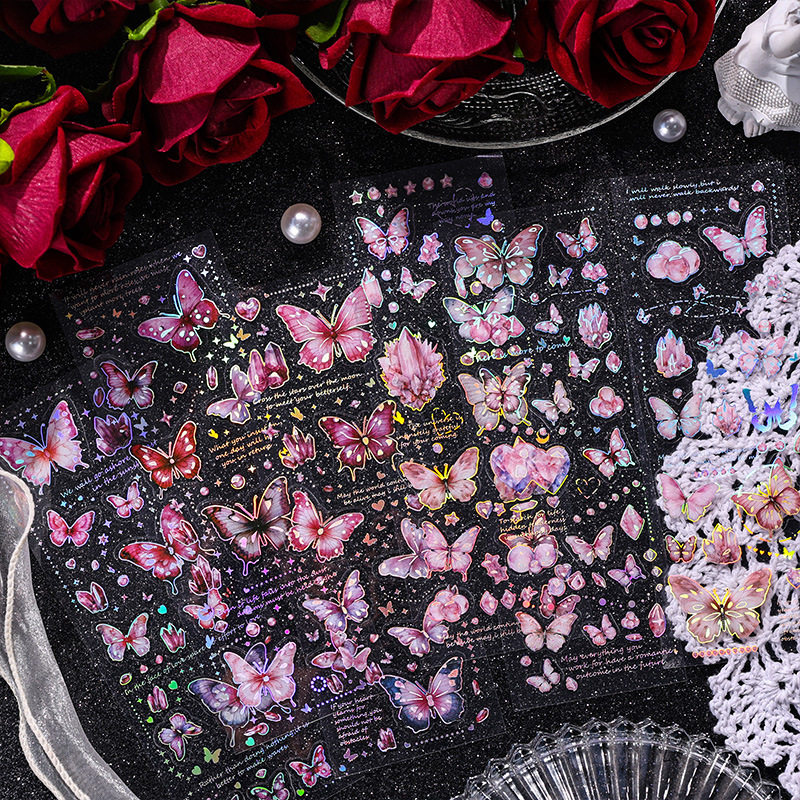 水晶闪蝶镭射防水pet手帐咕卡贴纸包diy炫彩蝴蝶素材纸手机装饰