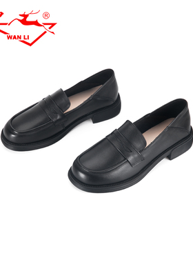 万里新款休闲女鞋英伦风真皮乐福鞋百搭粗跟一脚蹬单鞋BOT2275