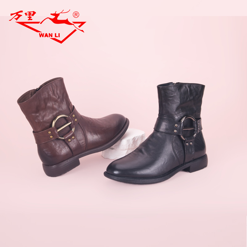 万里新款真皮短靴时尚侧拉链女冬鞋圆头百搭粗跟时装靴HRT640