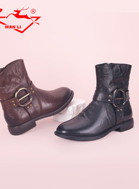 万里新款真皮短靴时尚侧拉链女冬鞋圆头百搭粗跟时装靴HRT640