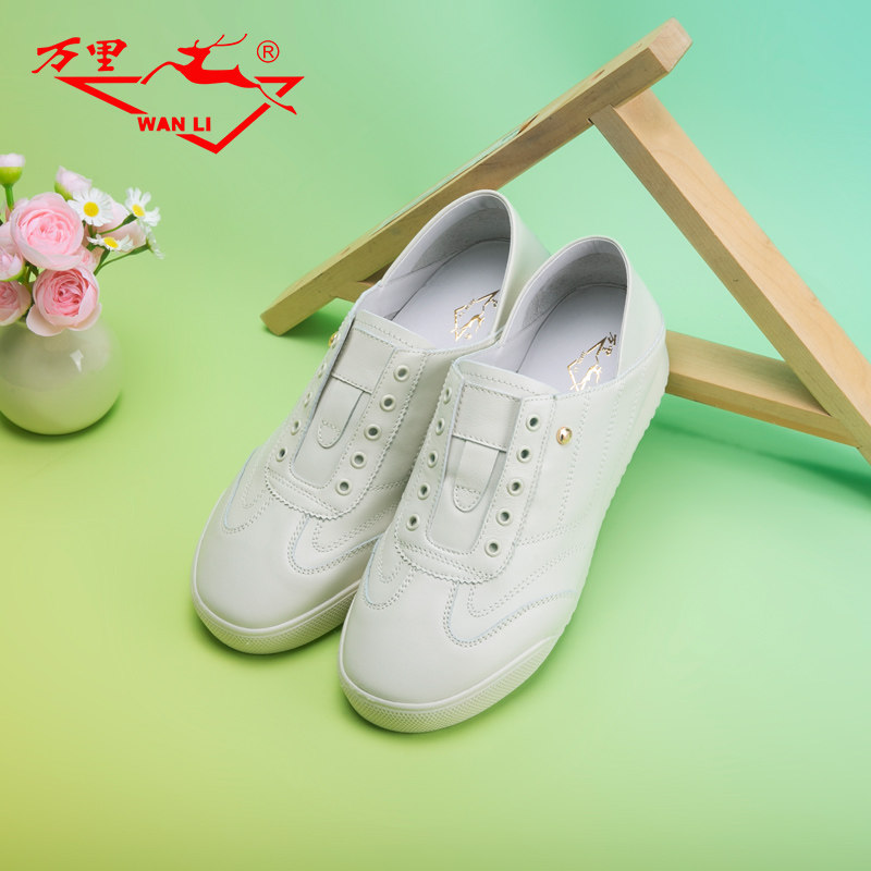 万里新款女式单鞋舒适一脚蹬休闲鞋时尚真皮圆头低帮鞋HZT2118