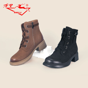 万里冬季 侧拉链马丁靴HZT625 复古英伦风百搭中跟圆头女棉靴时尚