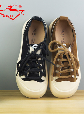 万里新款时尚平底板鞋真皮百搭系带女鞋圆头低帮单鞋SXT2909