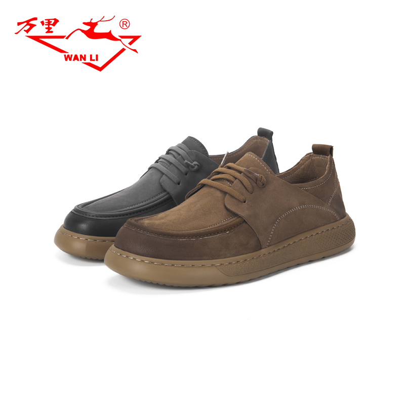 万里新款真皮休闲鞋舒适平底低帮鞋圆头时尚系带男单鞋BBT1178