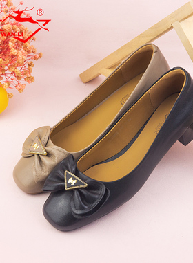 万里新款真皮女鞋时尚蝴蝶结舒适一脚蹬粗跟通勤工作鞋SCT2862