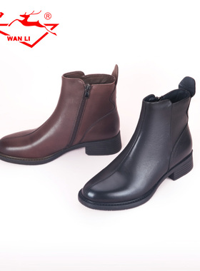 万里新款侧拉链女短靴百搭粗跟真皮靴时尚中跟高帮鞋HRT638