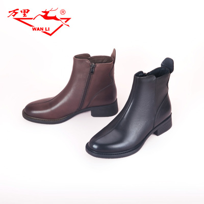 万里新款侧拉链女短靴百搭粗跟真皮靴时尚中跟高帮鞋HRT638