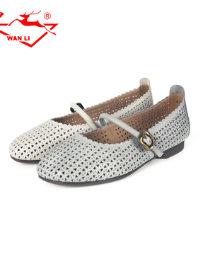 万里新款舒适低跟女鞋时尚一字扣浅口鞋气质镂空真皮单鞋BTT2212