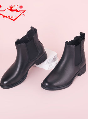 万里新款圆头女靴百搭粗跟真皮短筒靴冬季加绒保暖棉鞋HRT677